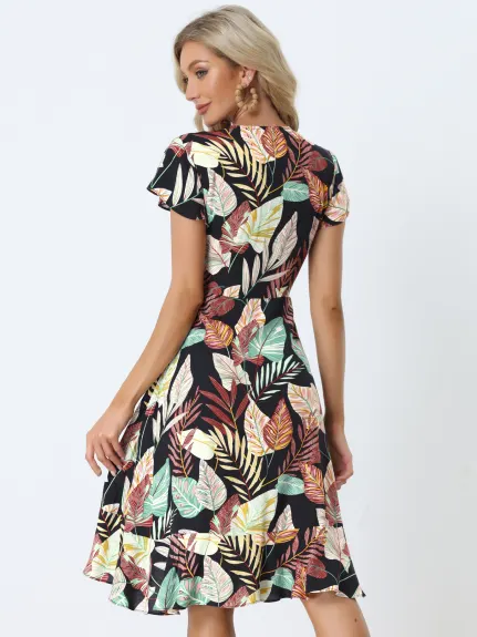 Allegra K- Midi Wrap Fit and Flare Summer Tropical Floral Dress