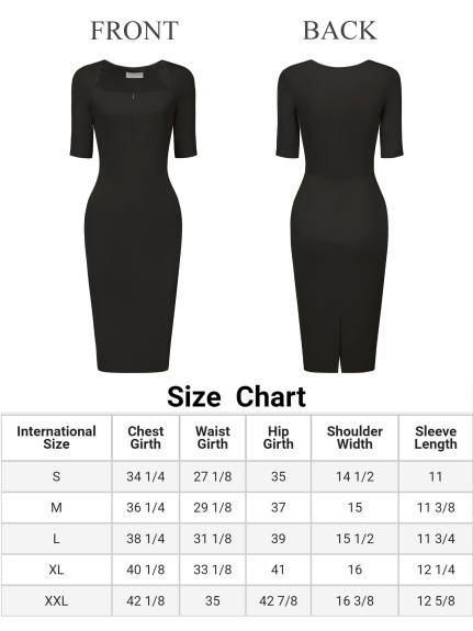 Hobemty- Square Neck Zip Up Short Sleeve Sheath Pencil Dress