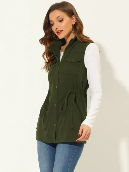 Allegra K- Zip Up Hoodie Drawstring Waist Vest