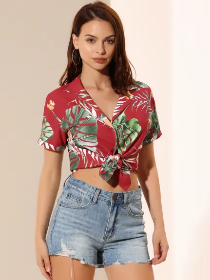 Allegra K- Beach Tropical Floral Leaves Button Down Shirt