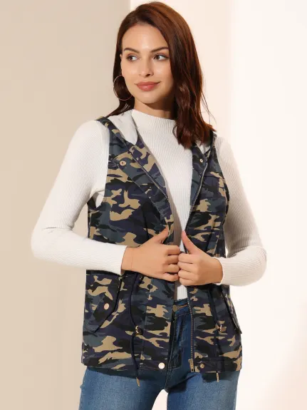 Allegra K- Camo Drawstring Waist Hooded Jacket Cargo Vest