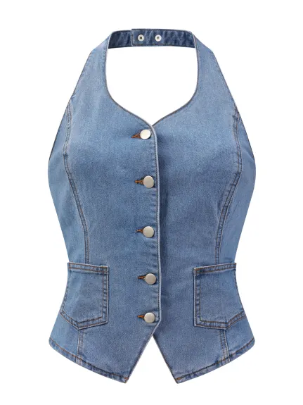 Allegra K- Denim Halter Neck Backless Waistcoat