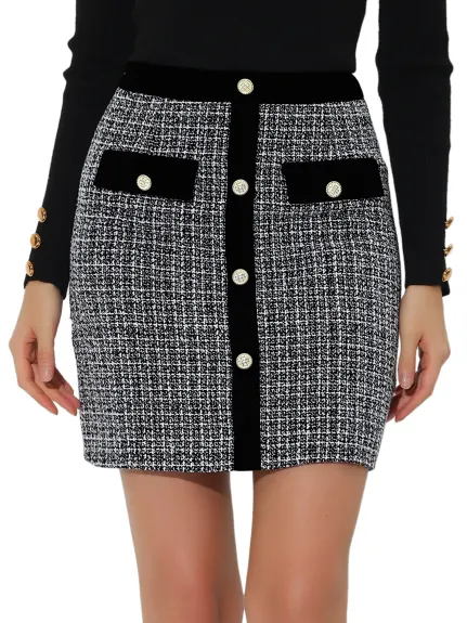 Allegra K- Plaid Tweed Button Decor Mini Skirt