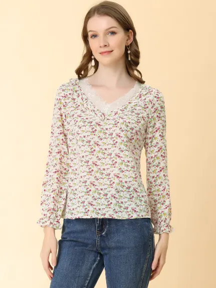 Allegra K - Lace Trim Long Sleeve Casual Floral Top