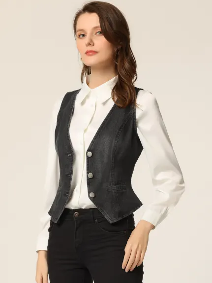 Allegra K - Veste gilet en denim lavé boutonnée à col en V