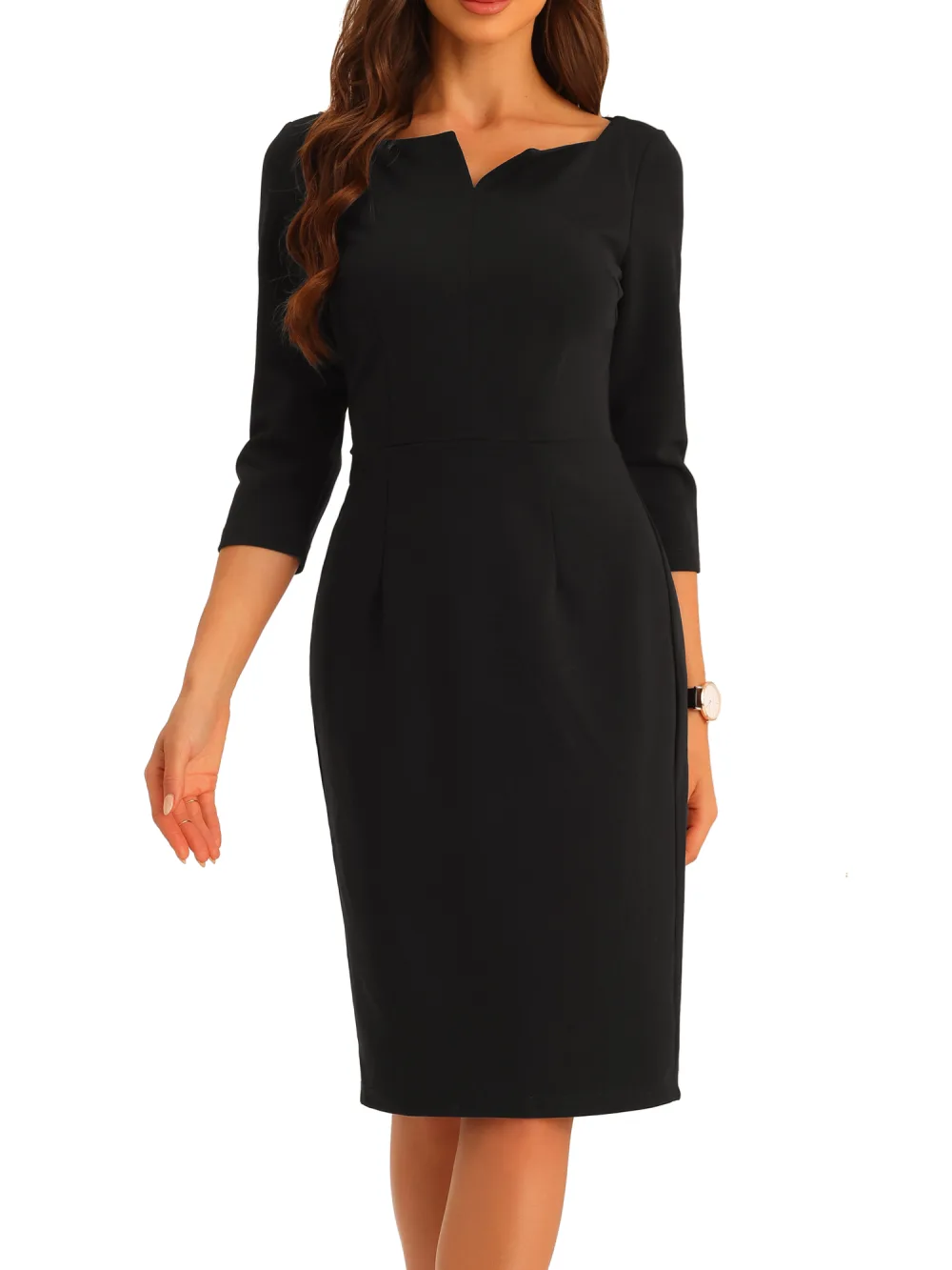 Allegra K - Notch Neck 3/4 Sleeve Business Midi Dress