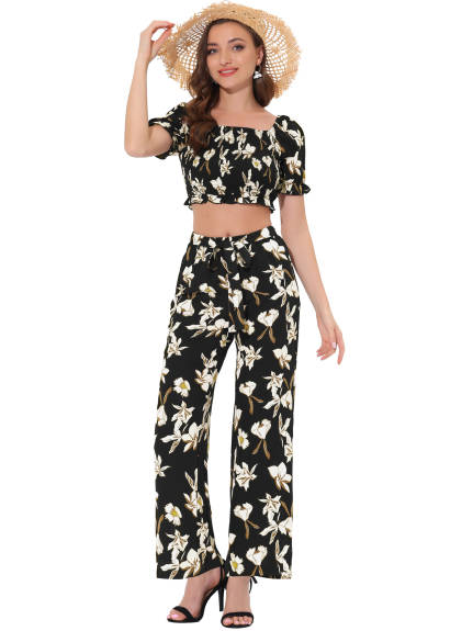 Allegra K - Ruffle Smocked Crop Tops Floral Pants Set