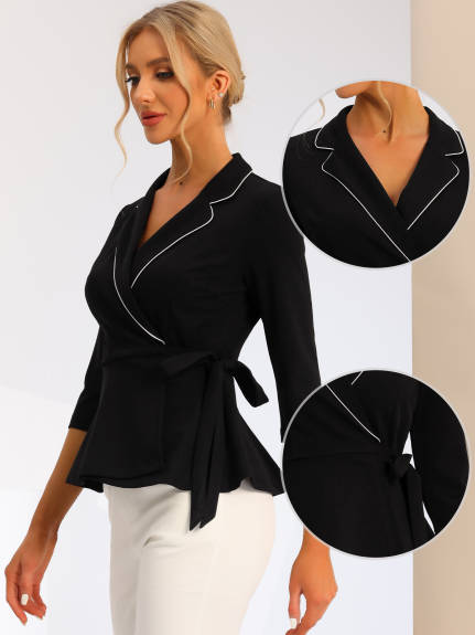 Allegra K - Tie Waist Notch Lapel Peplum Top