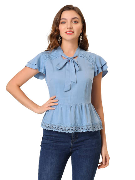 Allegra K - Tie V Neck Lace Trim Cotton Peplum Top