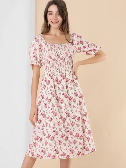 Allegra K- robe florale à col carré manches bouffantes Casual Midi Smocked