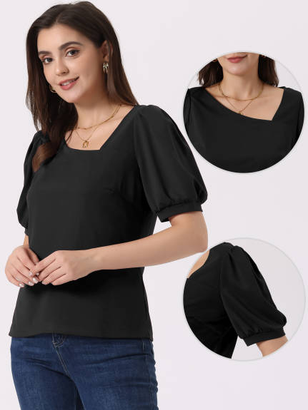 Allegra K - Asymmetrical Neckline Short Sleeve Top