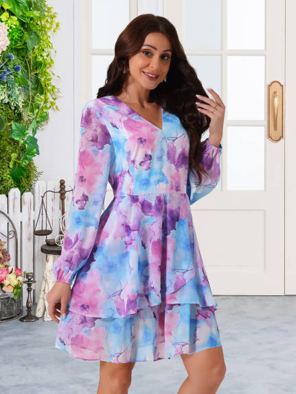 Allegra K - V-Neck Long Sleeve Floral Dress