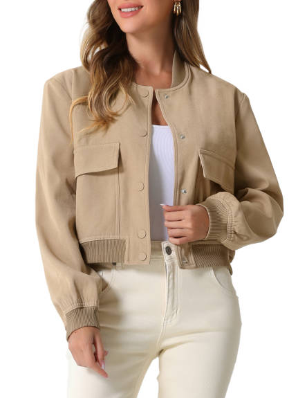 Allegra K - Button Down Stand Collar Bomber Jacket