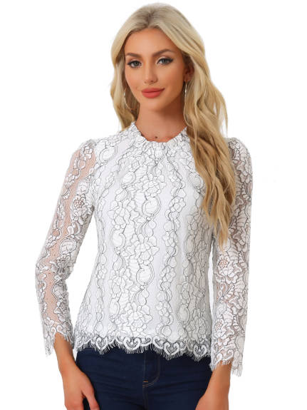 Allegra K- Ruffle Round Neck Long Sleeve Lace Floral Blouse