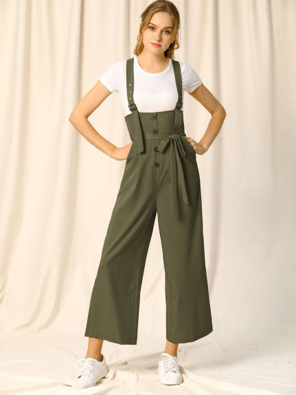 Allegra K- Wide Leg Belted Button Jumpsuit Overall