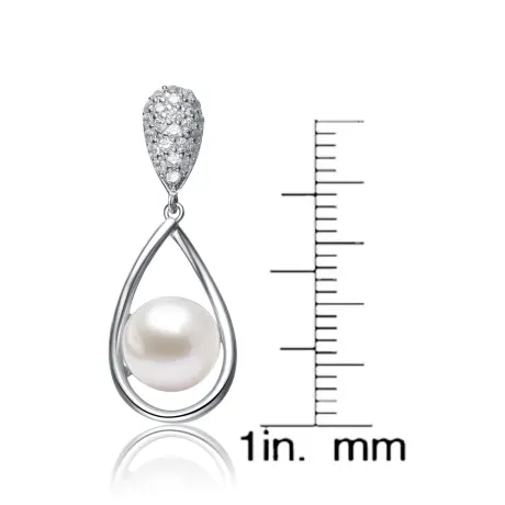 Genevive Sterling Silver with Round Pearl and Round Cubic Zirconia Drop Earrings
