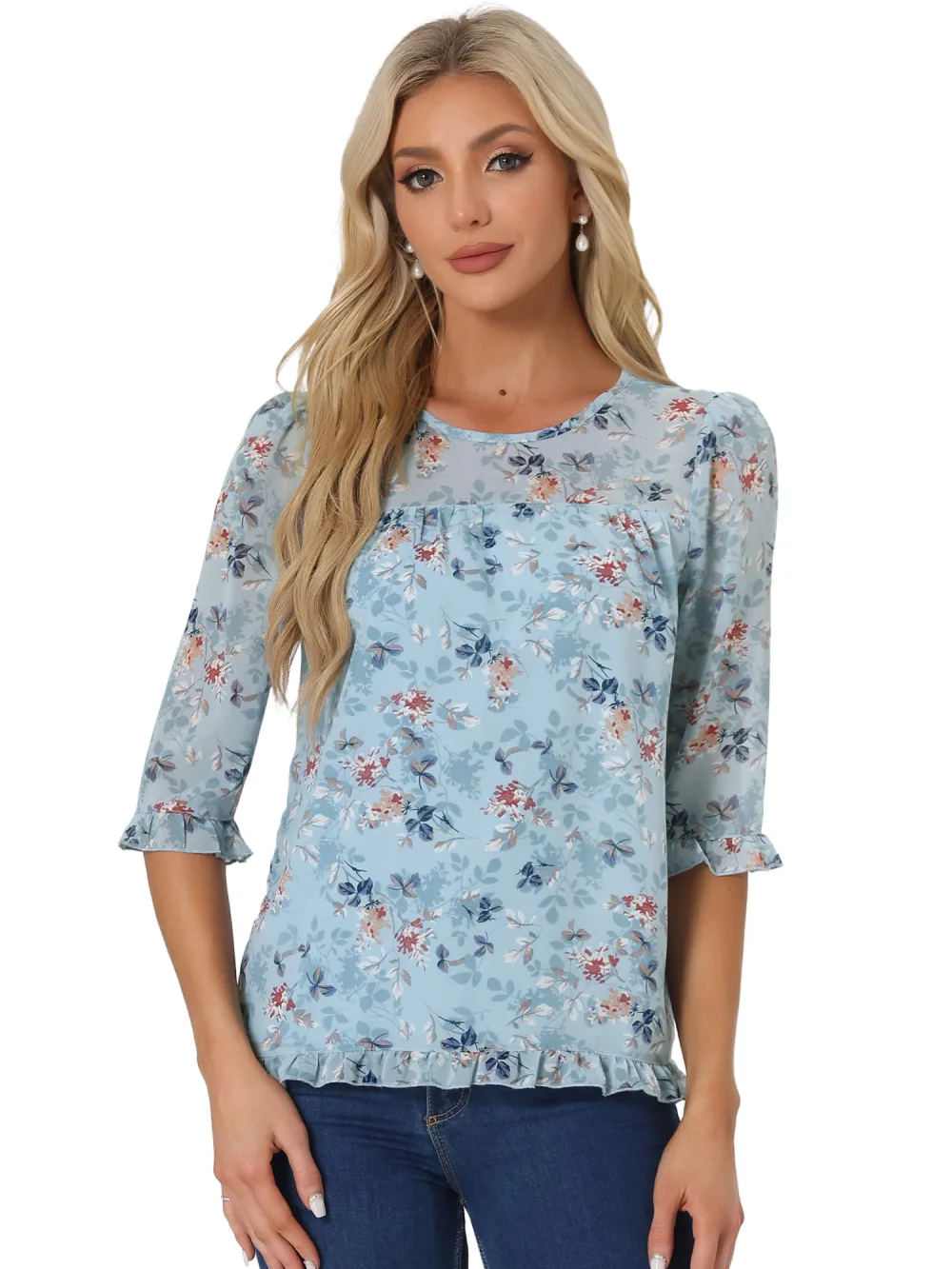 Allegra K- Blouse florale en mousseline à manches 3/4 et à volants