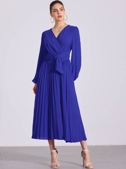 Allegra K - Pleated V-Neck Puff Sleeve Midi Dress