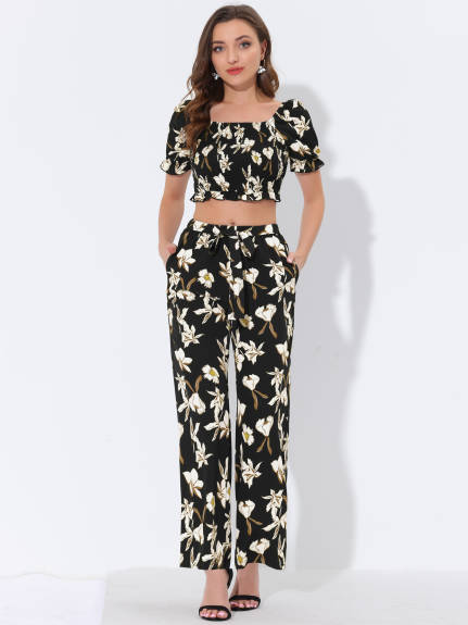 Allegra K - Ruffle Smocked Crop Tops Floral Pants Set