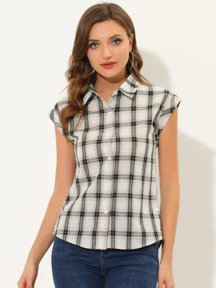 Allegra K- Plaid Short Sleeve Button Down Shirt