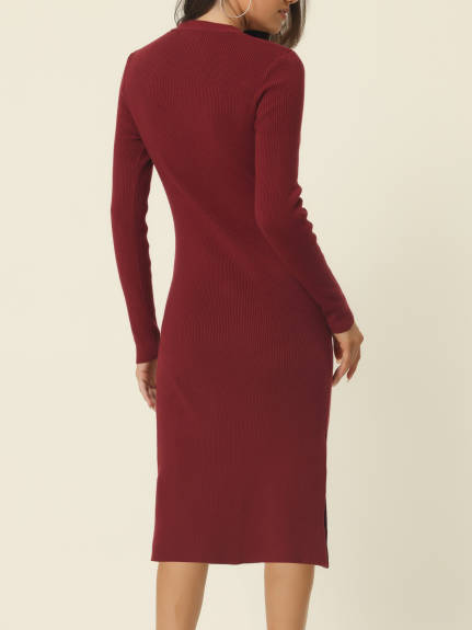 Allegra K - Square Neck Long Sleeve Ribbed Knit Dress