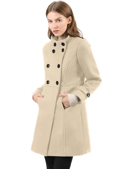 Allegra K- Stand Collar Long Sleeves Double Breasted Coat