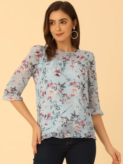 Allegra K- Blouse florale en mousseline à manches 3/4 et à volants