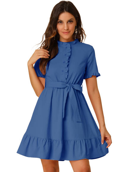 Allegra K- Cotton Fit and Flare Belted Button Front Ruffled Dress