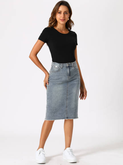 Allegra K- High Waist Back Slit Stretch Denim Skirt