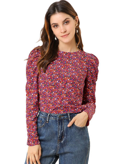 Allegra K- Retro Puff Round Neck Chiffon Blouse