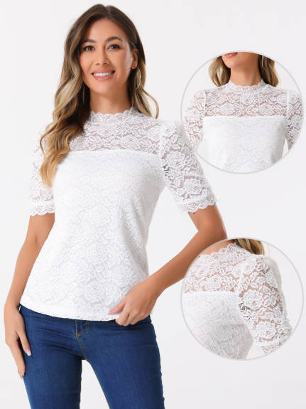 INSPIRE CHIC - Floral Lace Mock Neck Puff Sleeve Blouse