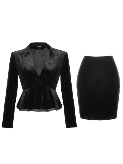 Allegra K- Button Velvet Peplum Blazer Pencil Skirt Suit Set