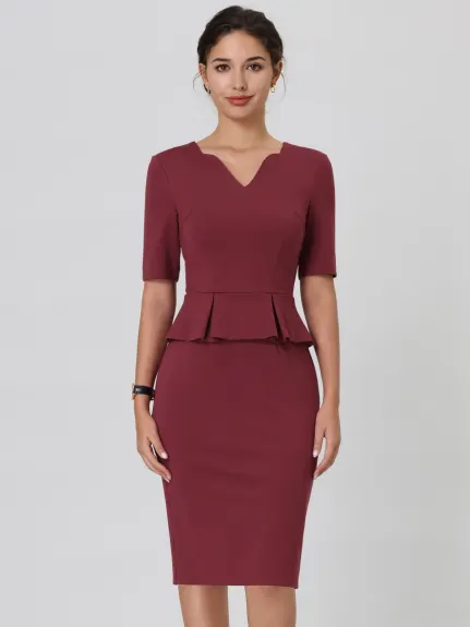 Hobemty- V Neck Peplum Pencil Sheath Dress