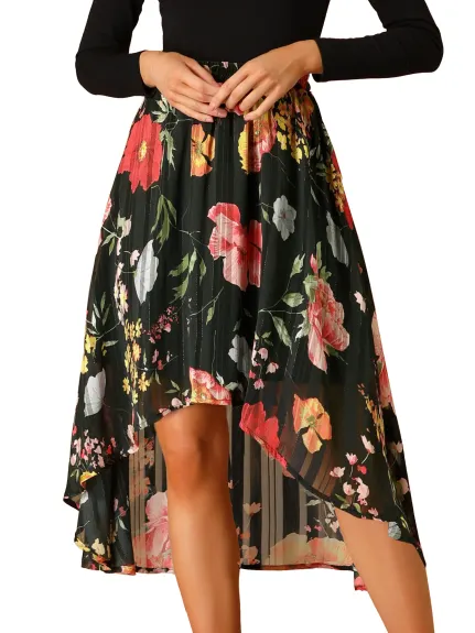 Allegra K- High Low Hem A-Line Midi Floral Skirt