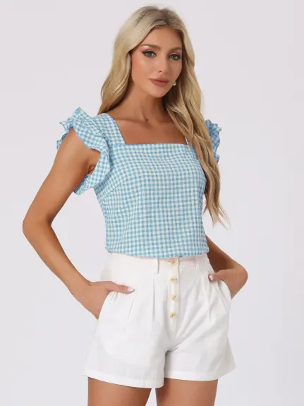 Allegra K - Summer Ruffle Sleeve Gingham Top