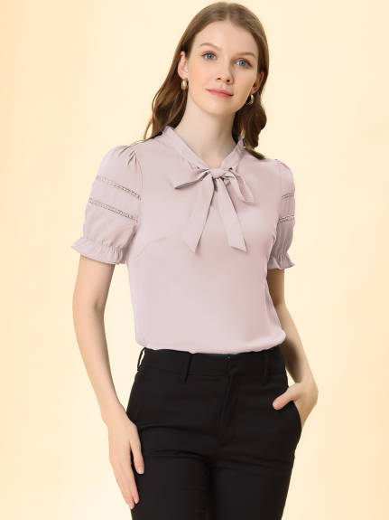 Allegra K- Ruffle Cuff Short Sleeve Bow Tie Collar Top