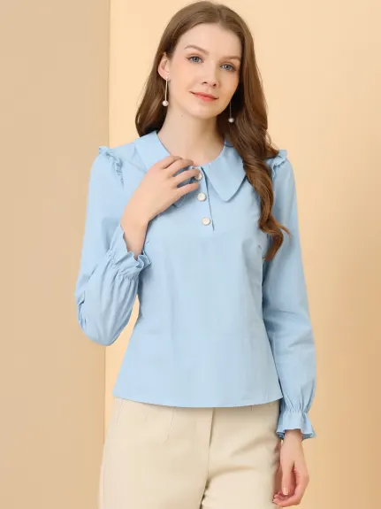 Allegra K - Pan Collar Shirt Puff Long Sleeve Blouse