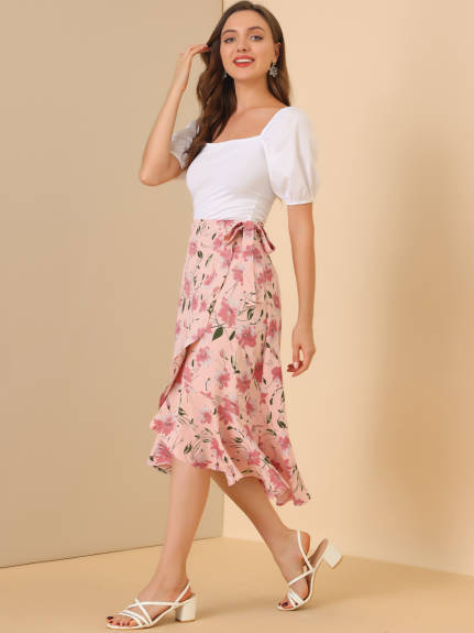 Allegra K- Tie Ruffle Split Midi Floral Wrap Skirt