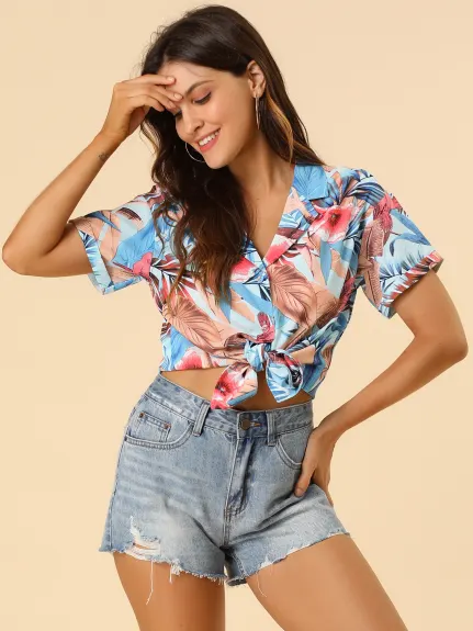 Allegra K- Beach Tropical Printed Button Down Shirt