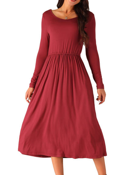 Allegra K - Crewneck Long Sleeve Midi Swing Dress