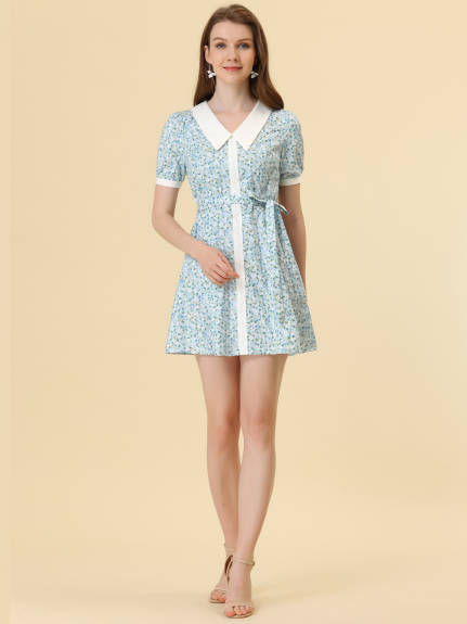 Allegra K- Cotton Collared Floral Print Button Down Belted Waist Dress