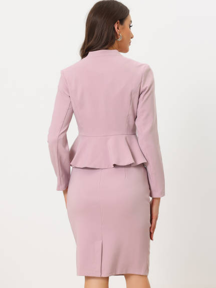 Allegra K - Collarless Peplum Blazer Skirt Business Suit