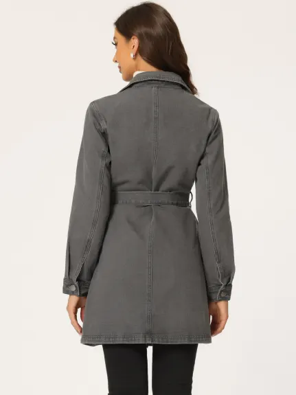 Allegra K - Veste longue en jean avec ceinture et bouton à revers cranté