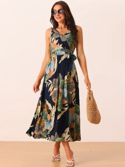 Allegra K- V Neck Floral Split Belted Sundress