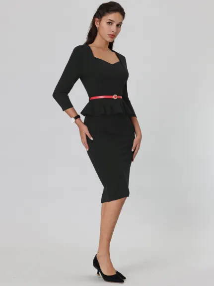 Hobemty- Belted 3/4 Sleeve Peplum Pencil Dress