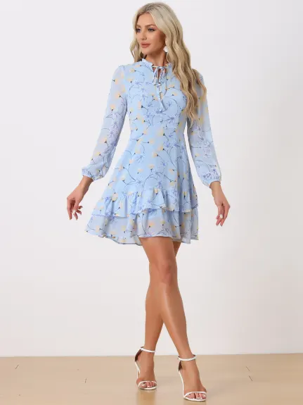 Allegra K- Floral Tie Neck Tiered Mini Chiffon Dress