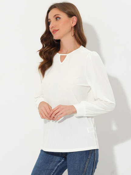 Allegra K - Long Sleeve Textured Keyhole Tops