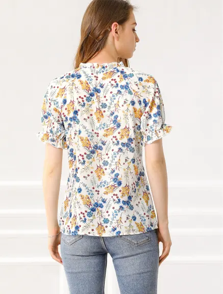 Allegra K- Floral Short Sleeve Ruffle Neck Blouse