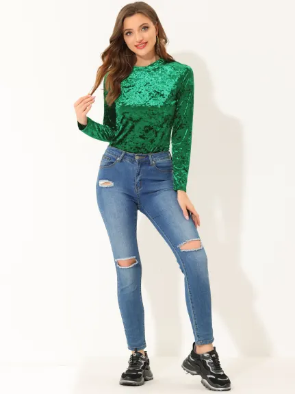 Allegra K- Velvet Round Neck Long Sleeve Top