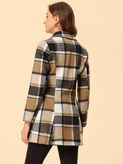 Allegra K- Turn Down Collar Plaid Toggle Duffle Long Overcoat